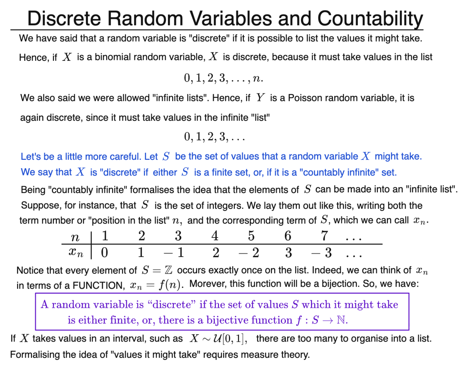 Explanation of discrete random variables using countable sets, including examples like binomial and Poisson distributions and a countable listing of integers