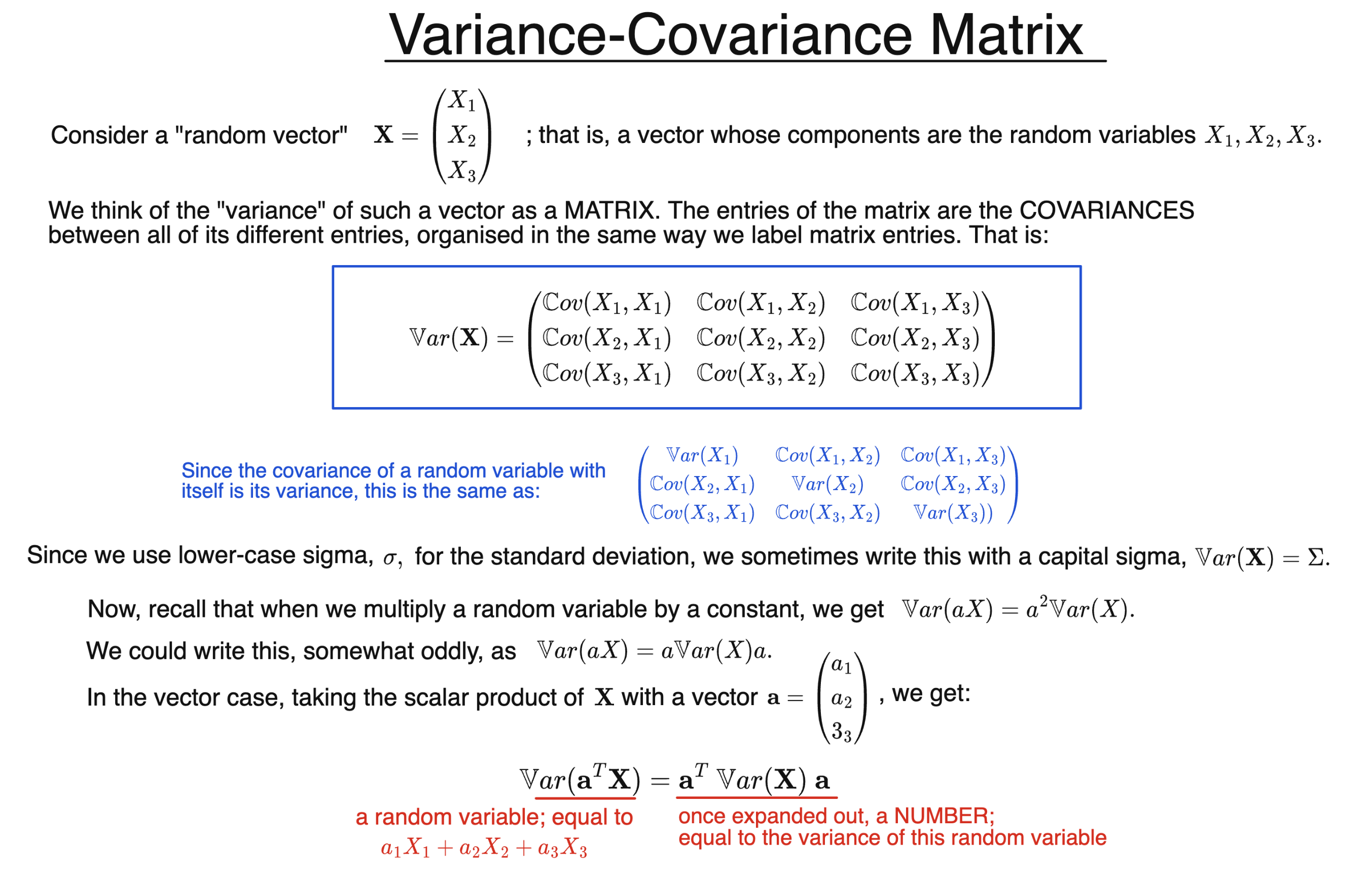 Explanation of the variance of a random vector, with a formula for the covariance-variance matrix