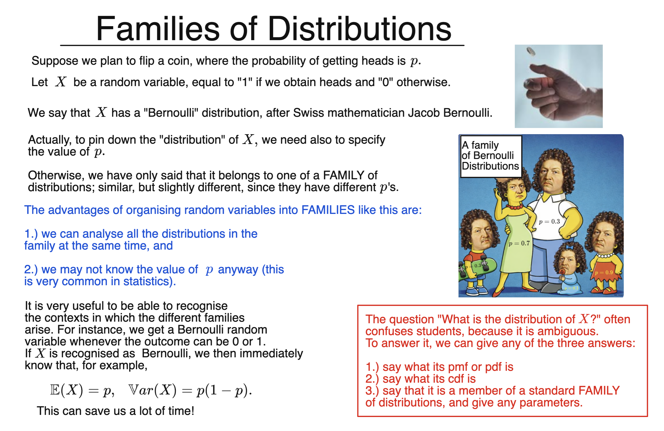 Slide explaining families of distributions and illustrating with Bernoulli random variables