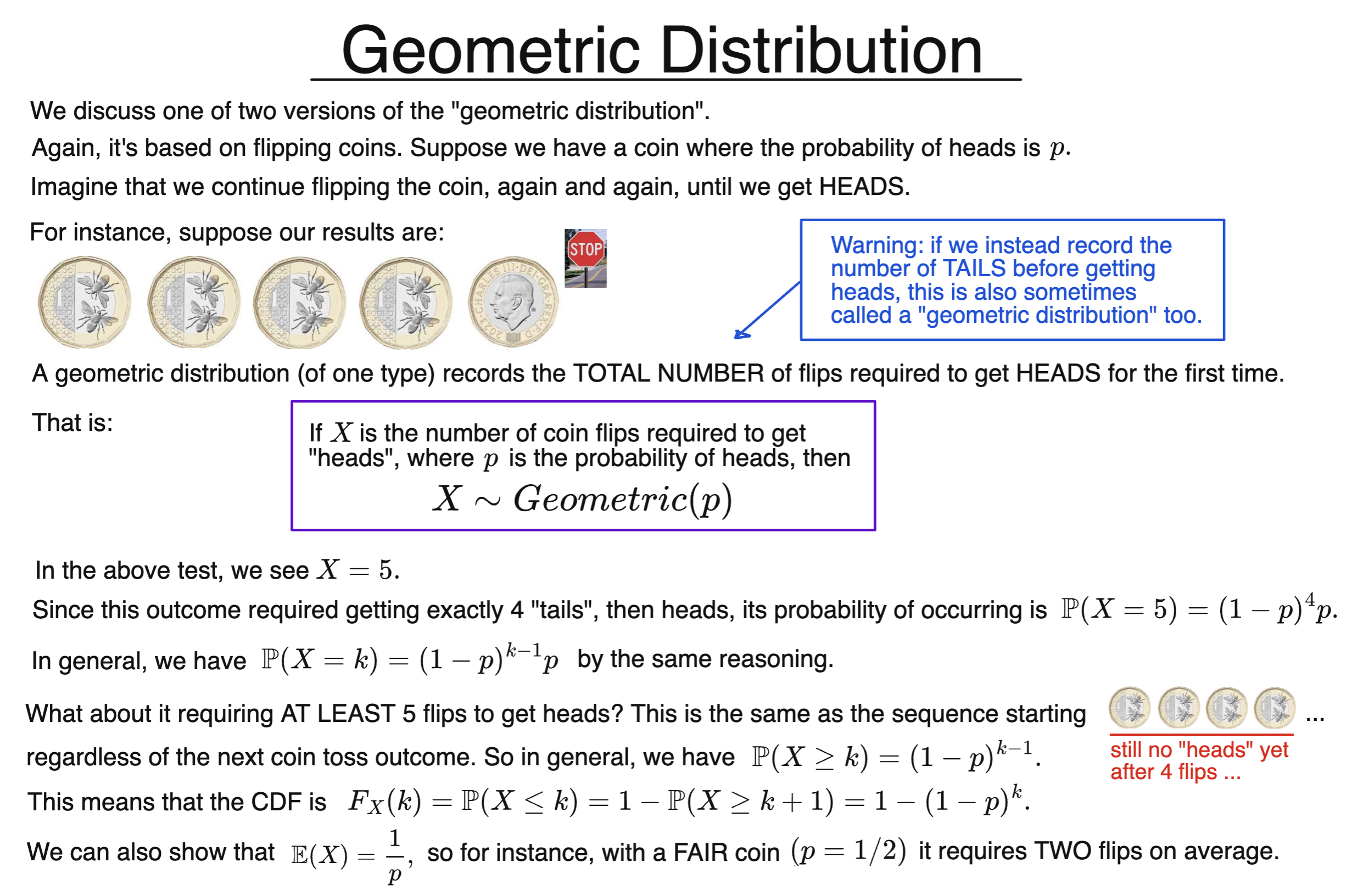 Explanation of the geometric distribution with visuals and coin-flipping example